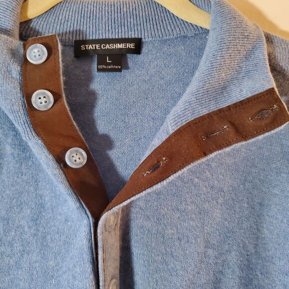 State Cashmere Mens Large 100%  Polo Collar Sweater Sky Blue Suede Elbows Lux - Picture 2 of 9